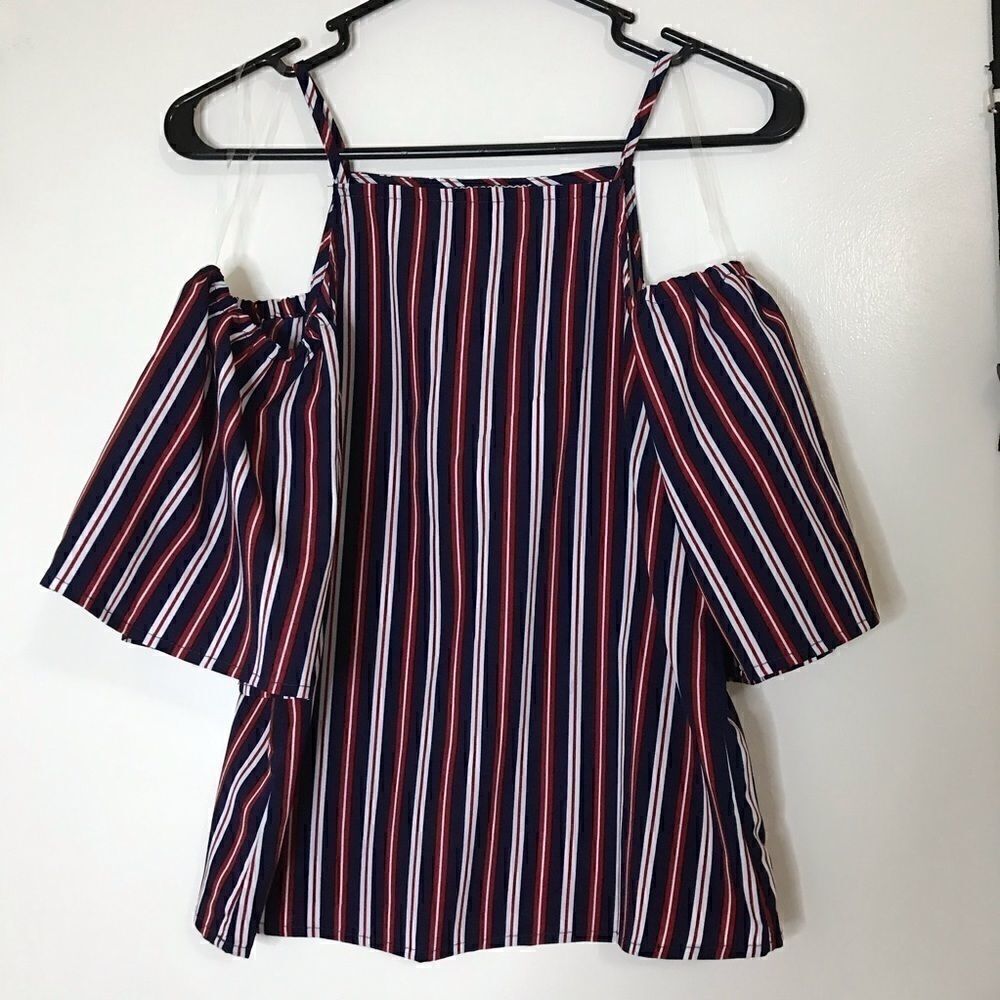 Almost Famous Red Navy Striped Cold shoulder Top - Picture 4 of 5